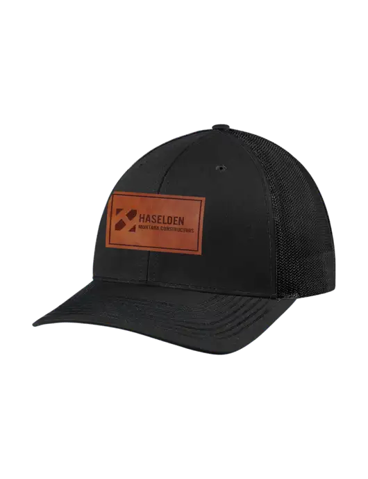 Richardson Adjustable Snapback Original 112 Trucker Cap Black w/Black Mesh w/Haselden Montana Constructors Leather Patch Logo