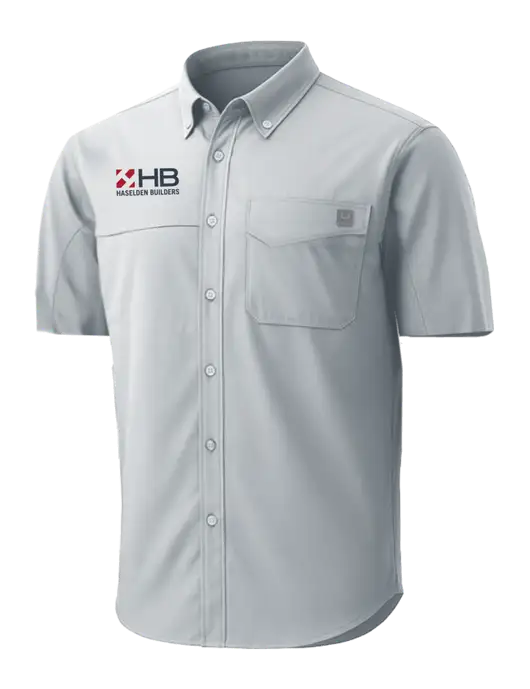 HUK Light Grey Tide Point Short Sleeve Shirt w/Haselden Builders Logo