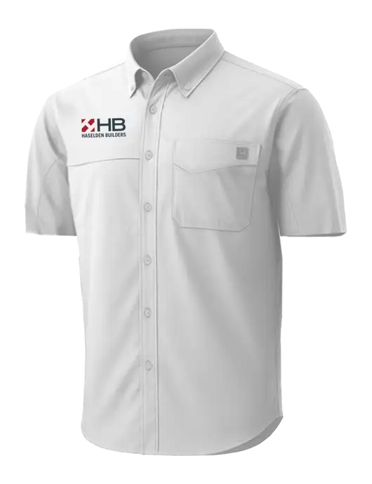 HUK White Tide Point Short Sleeve Shirt w/Haselden Builders Logo