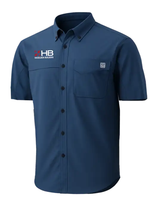 HUK Navy Tide Point Short Sleeve Shirt w/Haselden Builders Logo