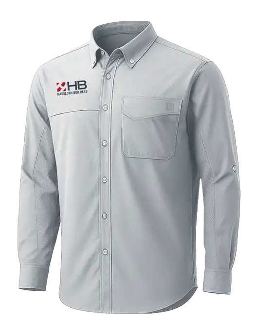 HUK Light Grey Tide Point Pocket Long Sleeve Fishing Shirt w/Haselden Builders Logo