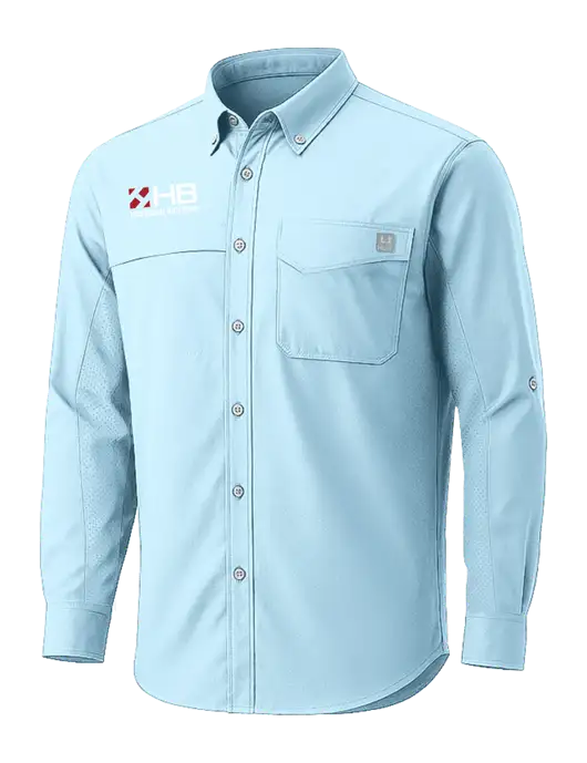 HUK Light Blue Tide Point Pocket Long Sleeve Fishing Shirt w/Haselden Builders Logo