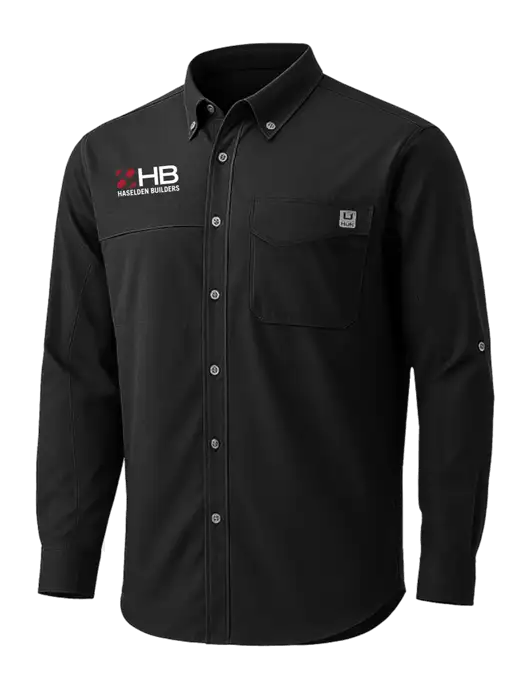 HUK Black Tide Point Pocket Long Sleeve Fishing Shirt w/Haselden Builders Logo