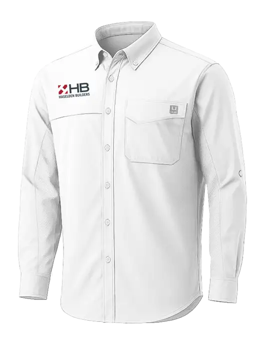 HUK White Tide Point Pocket Long Sleeve Fishing Shirt w/Haselden Builders Logo