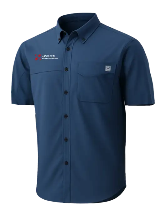 HUK Navy Tide Point Short Sleeve Shirt w/Haselden Montana Constructors Logo