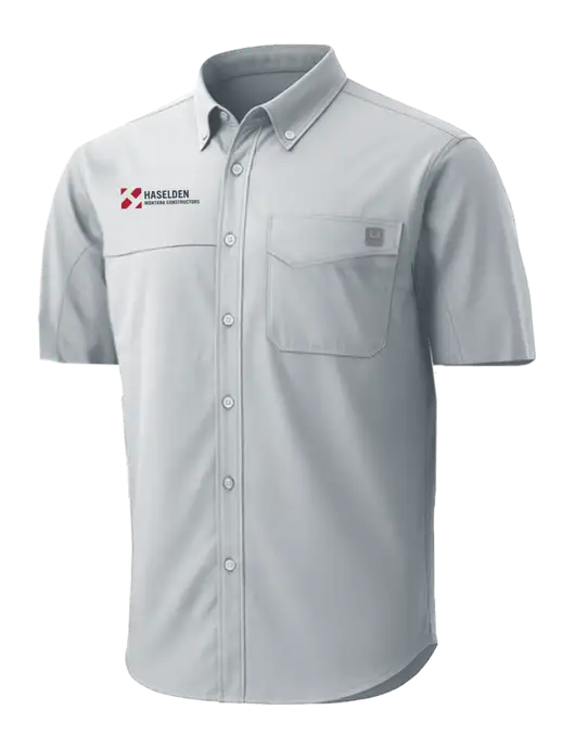 HUK Light Grey Tide Point Short Sleeve Shirt w/Haselden Montana Constructors Logo