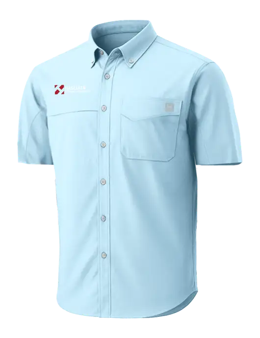 HUK Light Blue Tide Point Short Sleeve Shirt w/Haselden Montana Constructors Logo