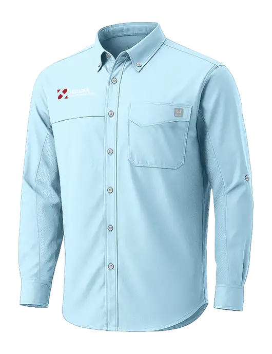 HUK Light Blue Tide Point Pocket Long Sleeve Fishing Shirt w/Haselden Montana Constructors Logo