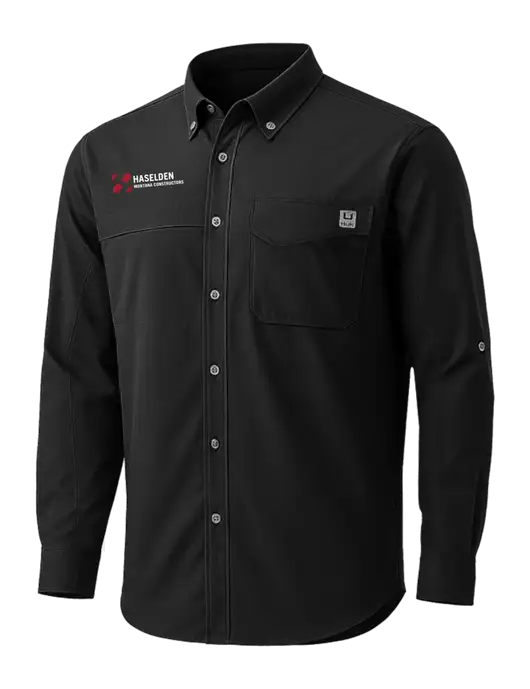 HUK Black Tide Point Pocket Long Sleeve Fishing Shirt w/Haselden Montana Constructors Logo