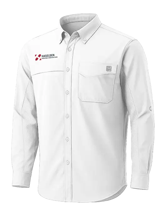 HUK White Tide Point Pocket Long Sleeve Fishing Shirt w/Haselden Montana Constructors Logo