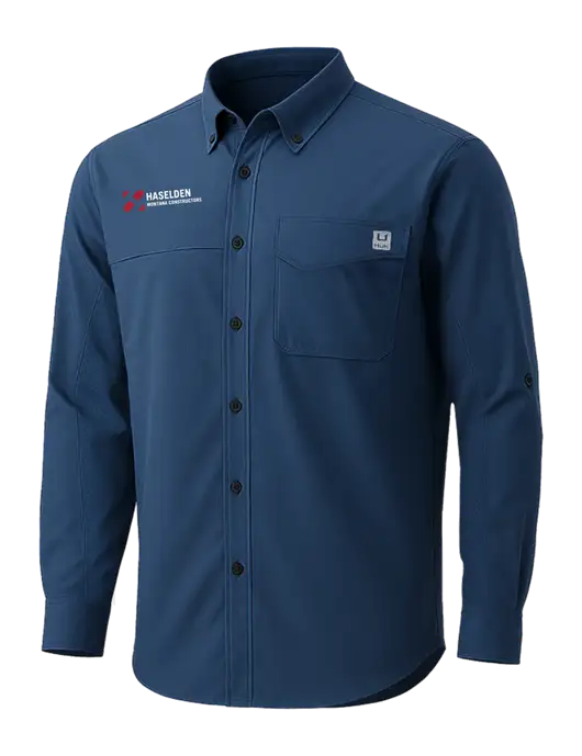 HUK Navy Tide Point Pocket Long Sleeve Fishing Shirt w/Haselden Montana Constructors Logo